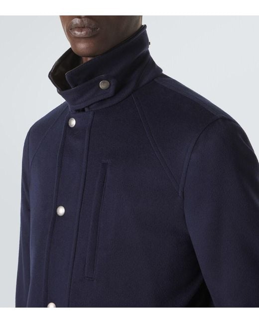 Brunello Cucinelli Blue Leather-Trimmed Wool Jacket for men