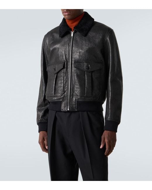 Saint Laurent Black Shearling-Collar Leather Jacket for men