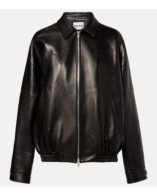 Veste En Cuir A Logo Miu Miu en coloris Black