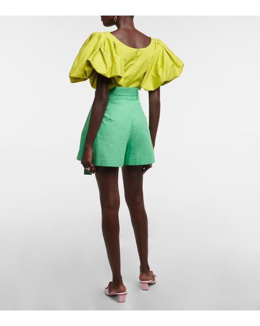 Oscar de la Renta Green High-Rise Wide-Leg Cotton Shorts