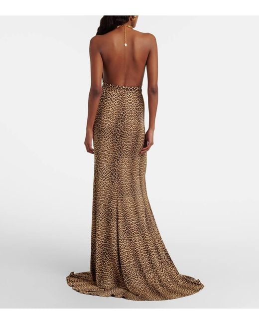 Roberto Cavalli Brown Embellished Open-Back Gown