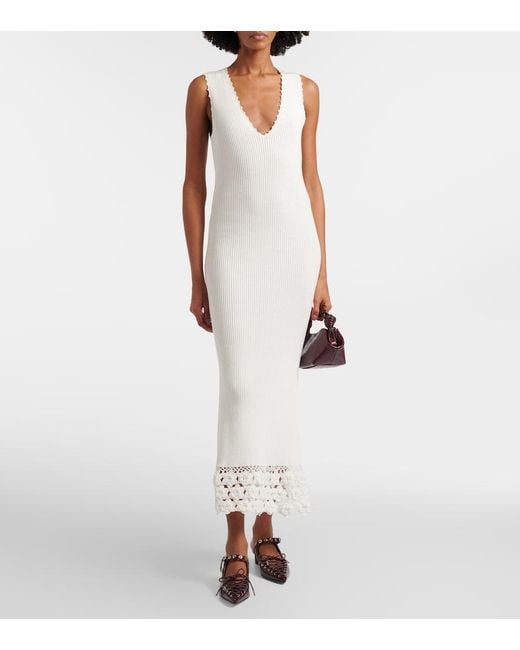 Ganni White Crochet-Trimmed Ribbed Cotton-Blend Midi Dress
