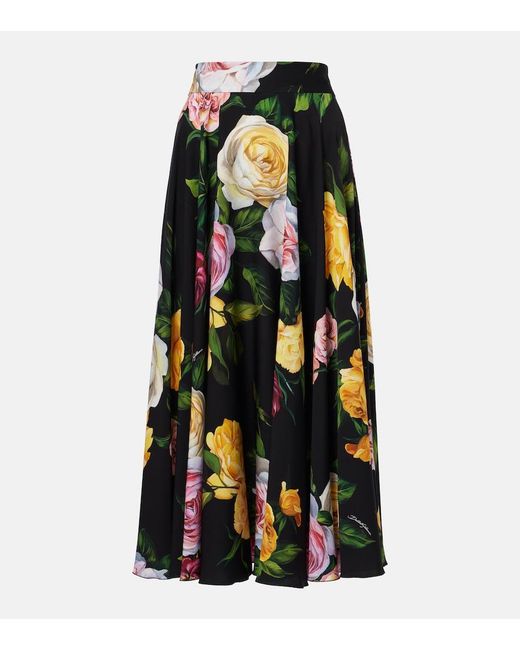Dolce & Gabbana Black Peony And Rose- Charmeuse Calf-Length Circle Skirt