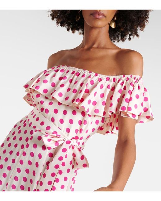 Alexandra Miro Pink Giselle Off-Shoulder Polka-Dot Midi Dress