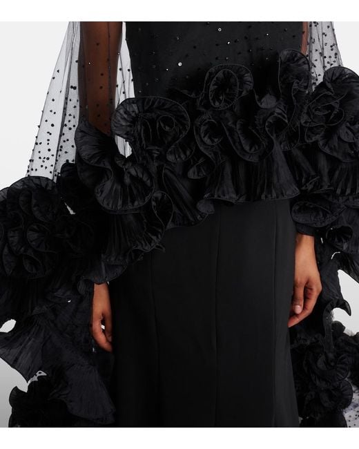 Jenny Packham Black Ruffled Caped Gown
