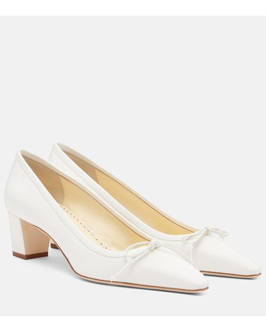 Manolo Blahnik White Martebal 50 Bow-Detail Leather-Trimmed Pumps