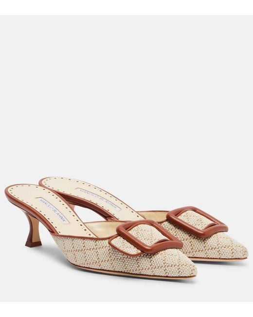 Manolo Blahnik Natural Maysale Leather-Trimmed Mules