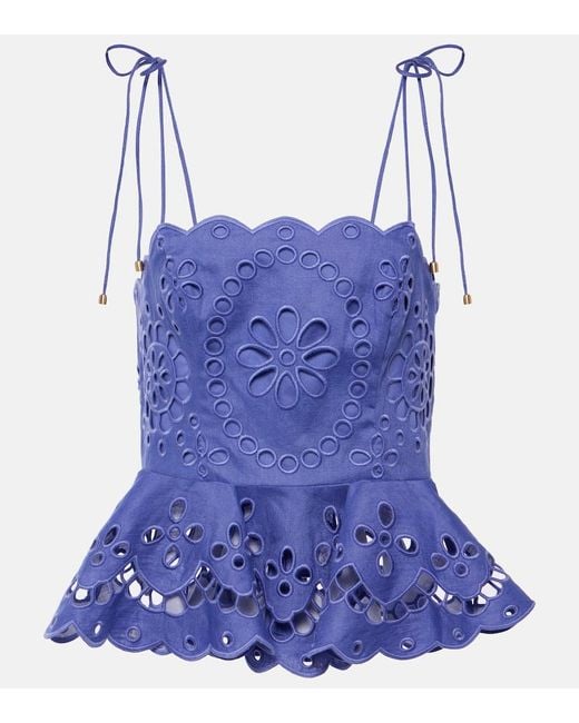 Zimmermann Blue Besticktes Top Pop Aus Leinen