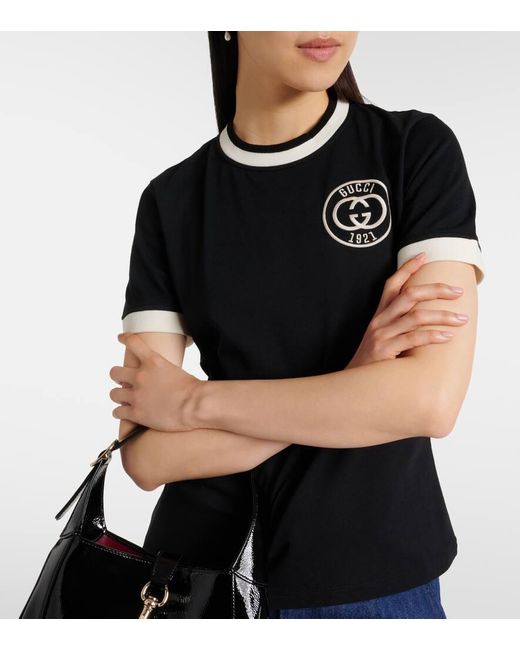 Gucci Black T-Shirt Interlocking G aus Baumwoll-Jersey
