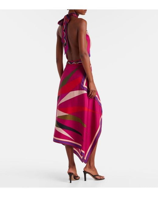Emilio Pucci Pink Hawaii Asymmetric Silk Satin Midi Skirt