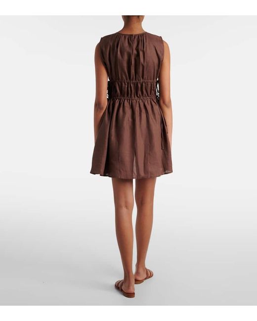 Asceno Brown Gathered Linen Minidress