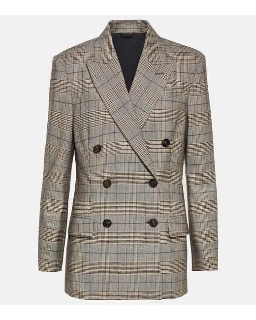 Brunello Cucinelli Gray Checked Wool And Cotton-Blend Blazer
