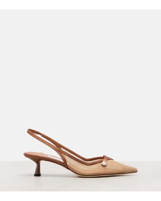 Jimmy Choo Brown Amita 45 Leather-Trimmed Slingback Pumps