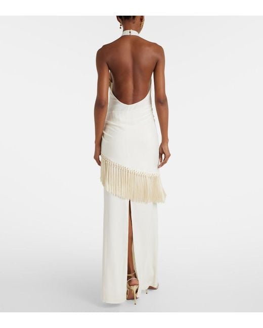 ‎Taller Marmo White Meteora Fringed Halterneck Crepe Cady Gown