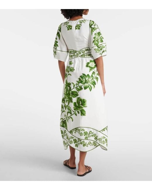 Farm Rio Green Yard Linen-Blend Midi Dress
