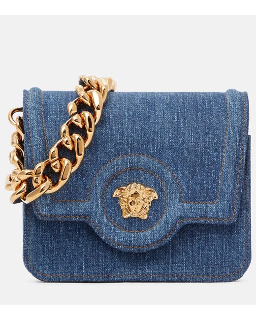 Versace Blue La Medusa Small Denim Shoulder Bag