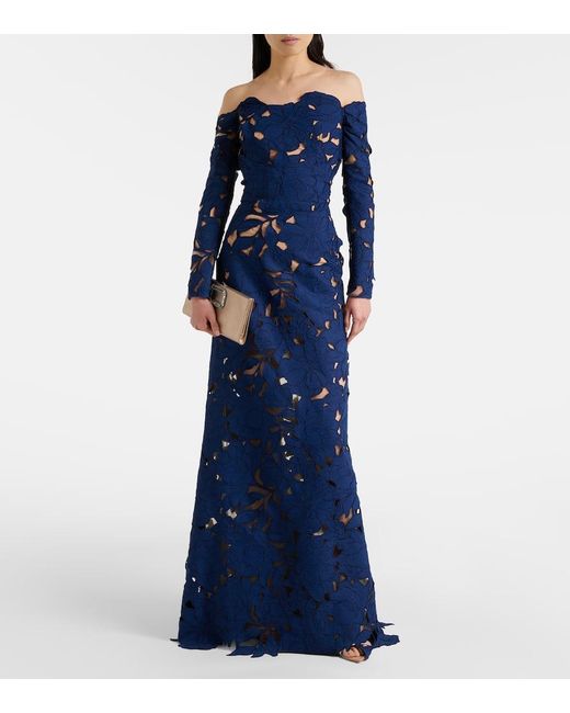 Costarellos Blue Off-Shoulder Guipure Lace Gown