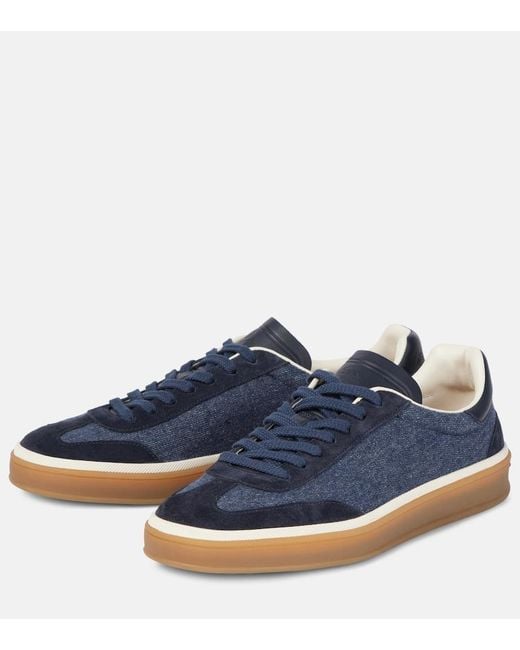 Loro Piana Blue Tennis Walk Suede-Trimmed Denim Sneakers