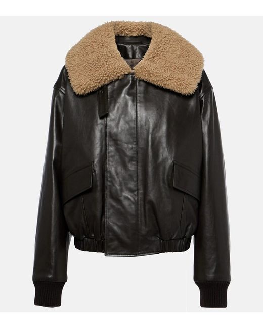 Lemaire Black Shearling And Leather Bomber Jacket