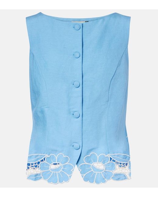 Rixo Blue Lucca Linen-Blend Vest