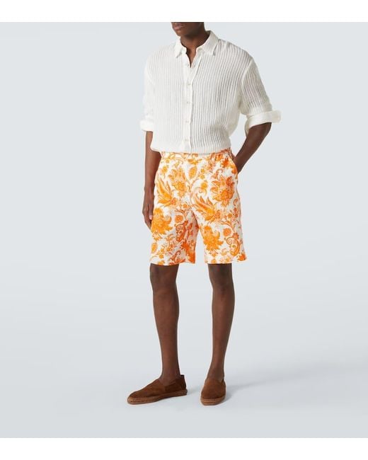 Etro Orange Paisley Linen Bermuda Shorts for men