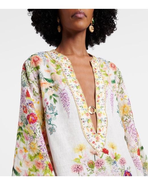 Camilla Metallic Cutout Floral Linen Kaftan