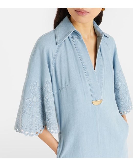 Zimmermann Blue Daylight Embroidered Denim Midi Dress