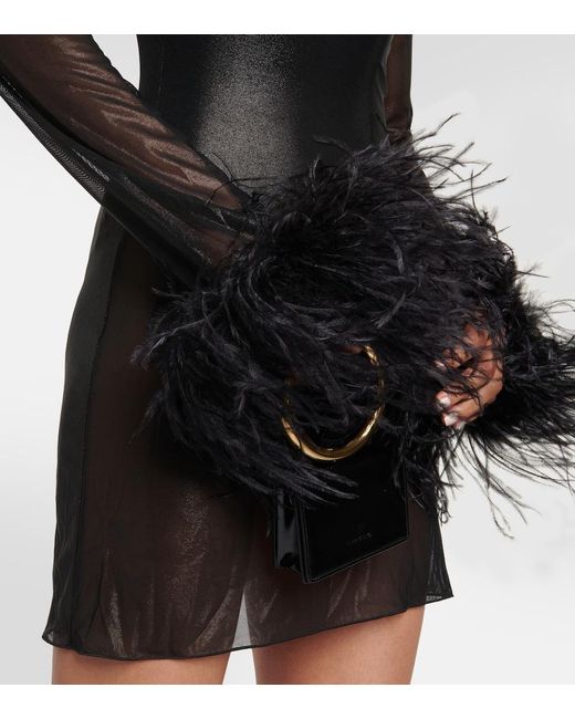 Oseree Black Feather-Trimmed Minidress