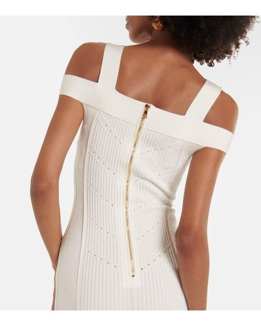 Balmain White Strickte Midi Kleid in sieben