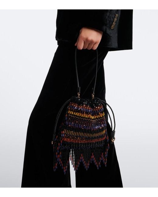 Etro Black Kalispera Small Beaded Fringed Shoulder Bag