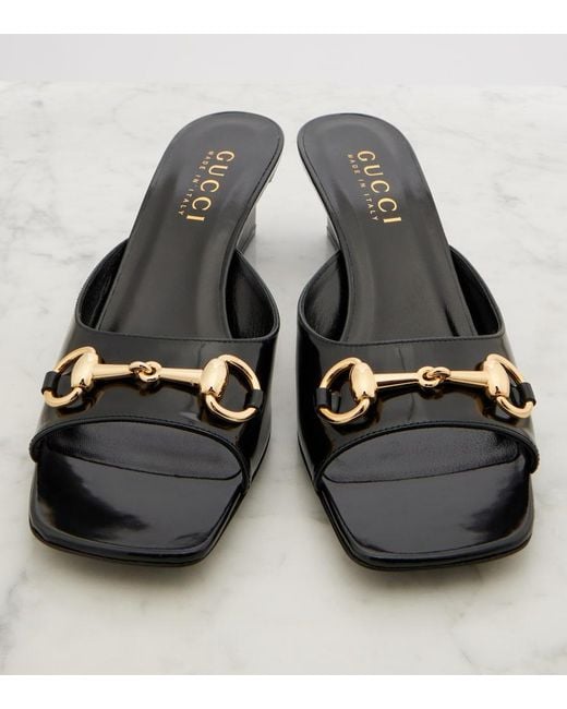 Gucci Black Signora Horsebit Patent Leather Mules