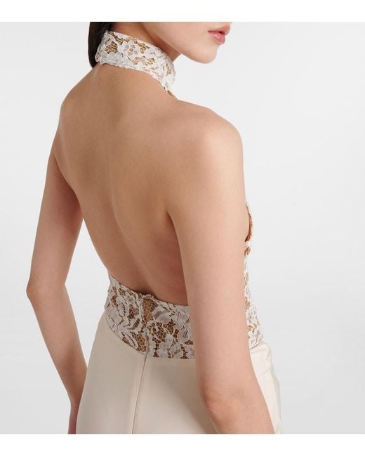 The New Arrivals Ilkyaz Ozel White Cass Embroidered Ruched Halterneck Gown