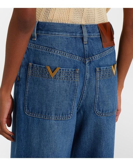 Valentino Blue Leather-Trimmed Wide-Leg Jeans