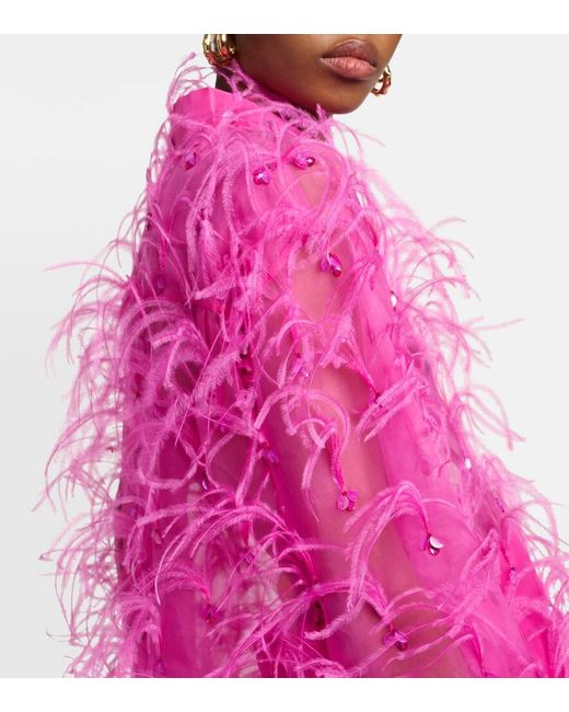 Valentino Pink Bestickte Bluse aus Seidenorganza mit Federn