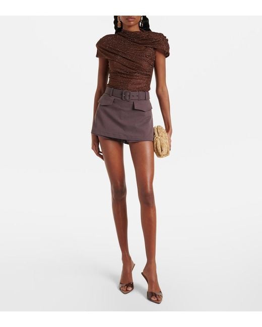 Self-Portrait Brown Crystal-Embellished Draped Mesh Top