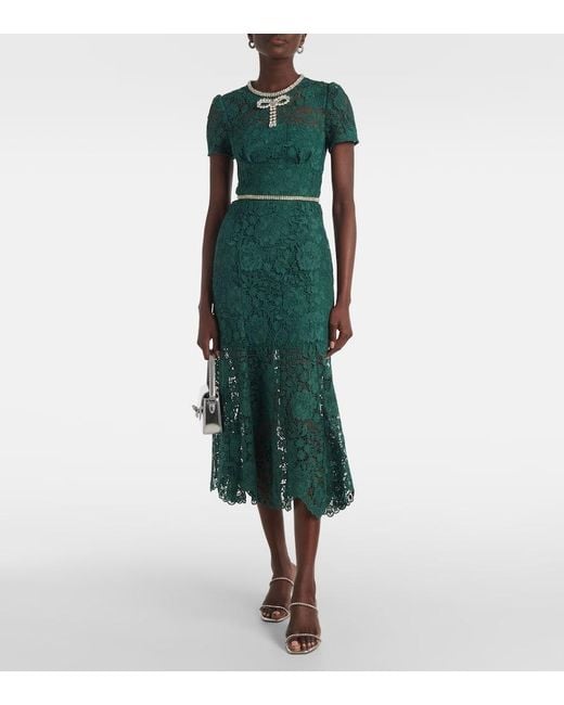 Self-Portrait Green Bow-Detail Embellished Lace Midi Dress