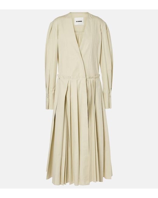Jil Sander Natural Pleated Cotton Poplin Midi Dress
