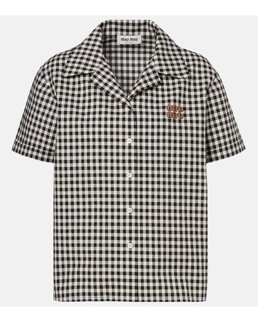 Camisa De Algodon A Cuadros Con Logo Miu Miu de color Black