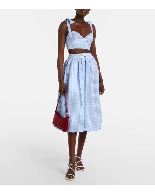 Bananhot Blue Alba Gingham Cotton Poplin Midi Skirt