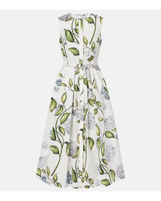 Oscar de la Renta White Porcelain Flower Cotton-Blend Midi Dress