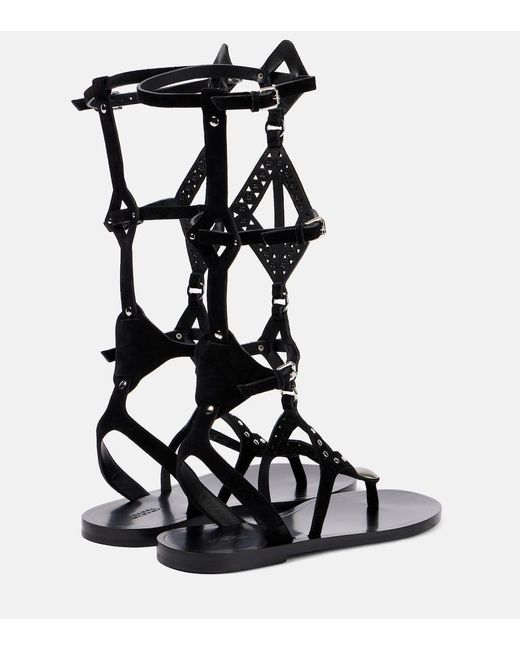 Isabel Marant Black Verzierte Roemersandalen Boham Aus Veloursleder
