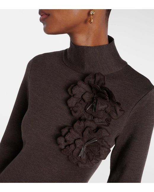 Oscar de la Renta Brown Floral-Applique Wool-Blend Midi Dress