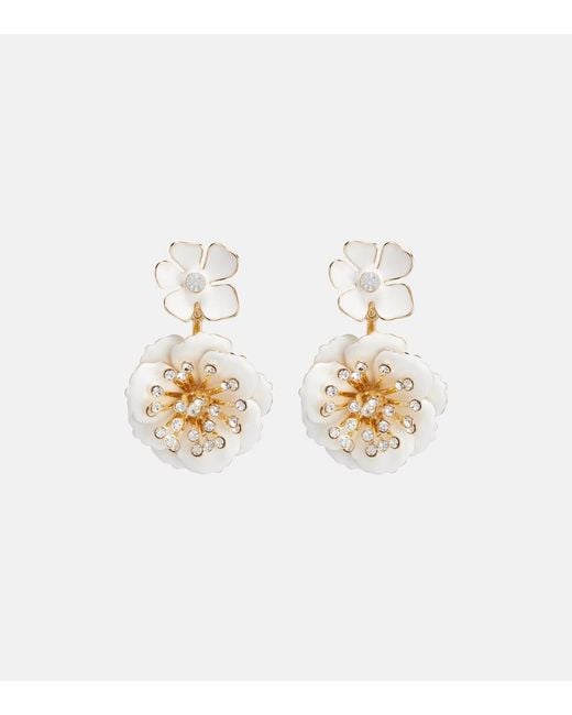 Carolina Herrera White Crystal-Embellished Floral Drop Earrings