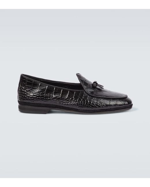 Rubinacci Black Bow-Detail Croc-Effect Leather Loafers for men