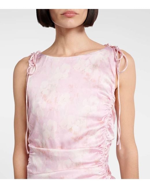 Vestido Midi De Saten Floral Fruncido Ganni de color Pink