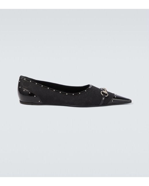 Gucci Black Horsebit Gg Canvas Studded Flats for men