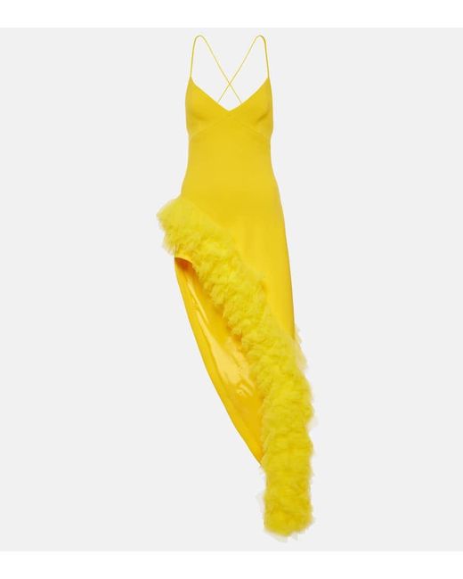 David Koma Yellow Ruffled Wool Crepe Midi Dress