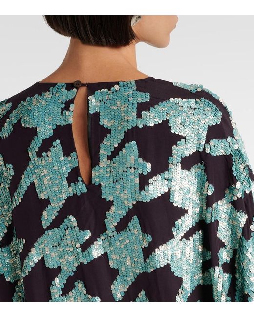 Dries Van Noten Blue Sequined Houndstooth Silk Sweatshirt