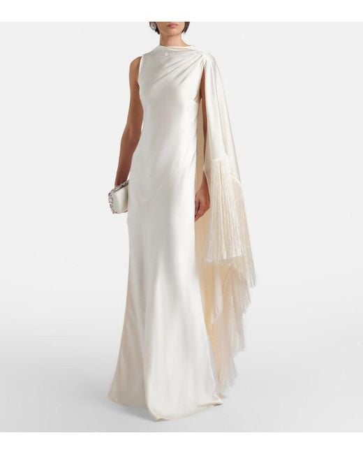 Self-Portrait White Caped Fringed Satin Gown