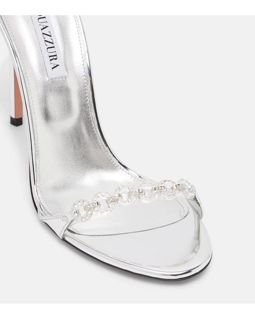 Aquazzura White Bijoux 105 Embellished Metallic Leather Sandals